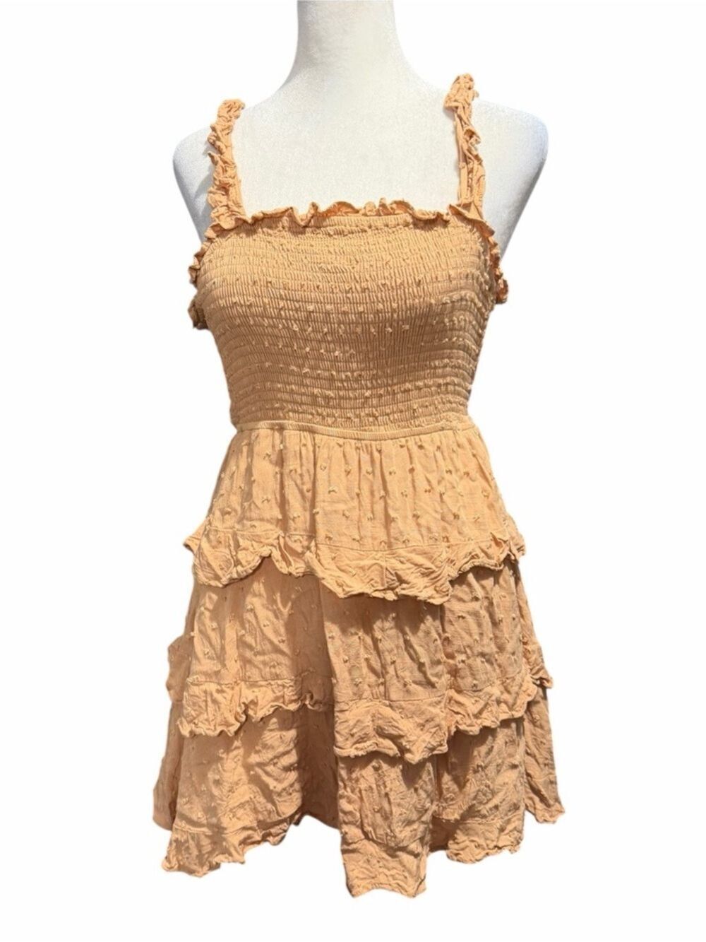 Mable Lulaa Swiss Dot Smocked Open Back Ruffle Tiered Mini Dress Size Small - Picture 3 of 8